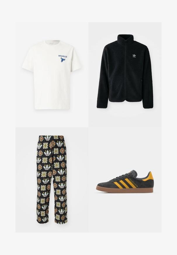 Svart fleecejakke med høy krage, glidelås foran og frontlommer. Har strukturert stoff og liten hvit logo på venstre bryst.; Hvit bomull t-skjorte med blå Wrangler-logo og oksegrafikk på venstre brystområde. Korte ermer og rund hals.; Sorte bukser med et intrikat mønster af forskellige former, herunder blomstermotiver og striber i orange, grøn og hvid.; Sort skinnesko i svart semsket skinn med gule detaljer, med tre striper og en brun gummisåle. Inkluderer en polstret tunge for komfort.