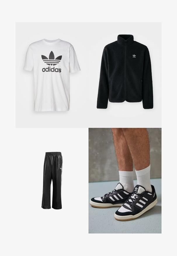 Black fleece jacket with high collar, zip front, and front pockets. Features textured fabric and small white logo on left chest.; White cotton t-shirt featuring a black Adidas logo with a trefoil design and three stripes. Short sleeves, round neckline, and relaxed fit.; Black synthetic track pants with an elastic waistband, featuring white side stripes and a small white logo on the left hip.; Black and white sneakers with a suede and leather upper, featuring three white stripes, a perforated toe, and a gum rubber sole.