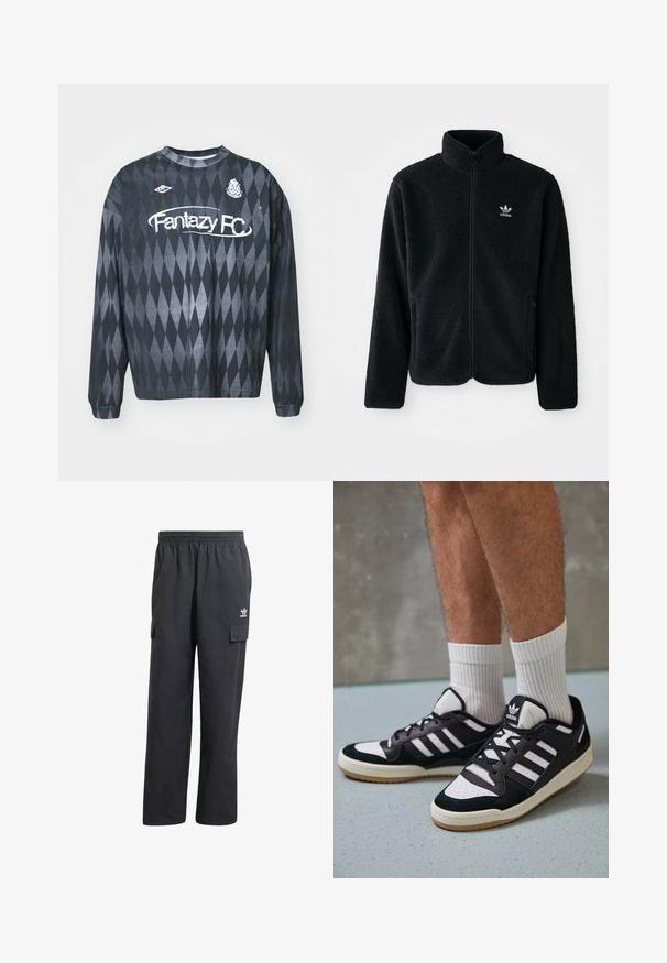 Jachetă din fleece neagră cu guler înalt, fermoar pe față și buzunare frontale. Caracteristici ale materialului texturat și un mic logo alb pe pieptul stâng.; Sweatshirt negru din tricot cu mânecă lungă, cu un model în formă de diamant, având "Fantazy FC" scris cu litere albe și un mic logo în colțul stânga sus.; Pantaloni cargo negri cu talie elastică, două buzunare laterale și un logo subtil pe coapsa stângă. Confecționați dintr-un material ușor.; Adidași negri și albi cu un superior din suede și piele, prevăzuți cu trei dungi albe, un vârf perforat și o talpă din cauciuc caramel.