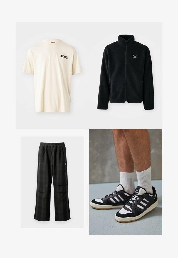Černá fleecová bunda s vysokým límcem, předním zipem a předními kapsami. Disponuje strukturovanou tkaninou a malým bílým logem na levé hrudi.; Světle béžové bavlněné tričko s krátkými rukávy a kulatým výstřihem. Na levé straně hrudi se nachází tmavě hnědý nápis "DICKIES".; Černé kostkované kalhoty s elastickým pasem, dvěma předními kapsami a volným střihem se rovnými nohavicemi. Vyrobeny z lehkého materiálu.; Černobílé tenisky s vrchní částí z semišové a kožené kůže, včetně tří bílých pruhů, perforovaného špičky a podrážky z gumy.