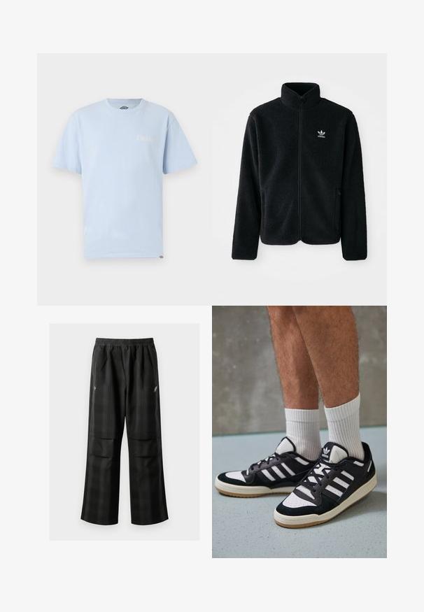 Casaco de fleece preto com gola alta, fecho de correr à frente e bolsos frontais. Apresenta um tecido texturizado e um pequeno logo branco no lado esquerdo do peito.; T-shirt de algodão azul-claro com mangas curtas, gola redonda e um pequeno logotipo branco "Dickies" na área do peito esquerdo. Textura suave, ajuste casual.; Calças pretas em padrão xadrez com cintura elástica, dois bolsos frontais e um ajuste solto com design de perna reta. Feitas de material leve.; Ténis em preto e branco com upper em camurça e couro, apresentando três riscas brancas, um toe perfurado e uma sola em borracha de goma.