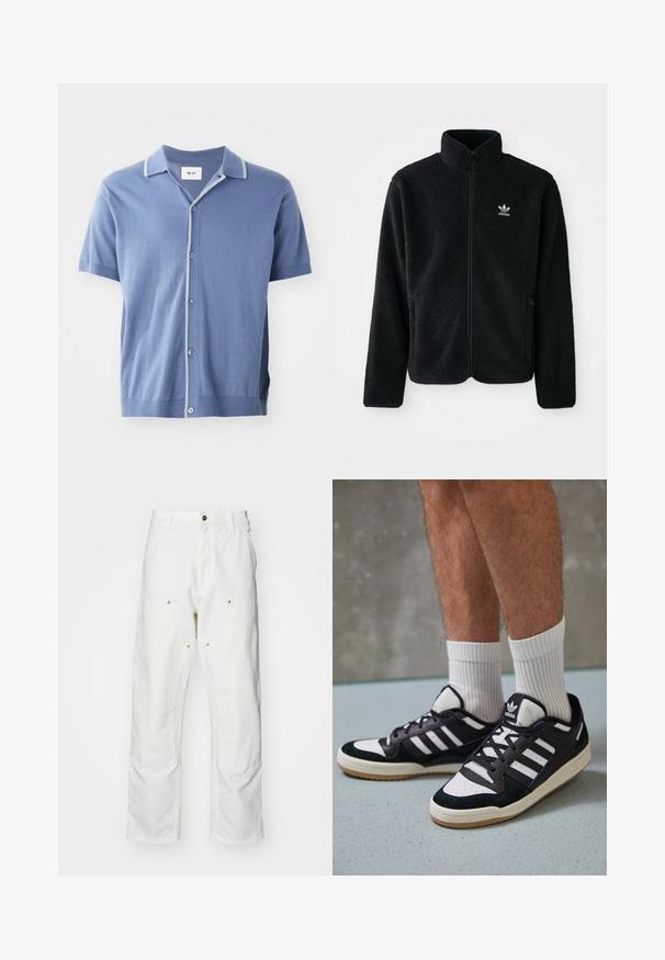 Melns flīsa mētelis ar augstu apkakli, ar rāvējslēdzēju priekšā un priekšējiem kabatām. Iezīmē ar teksturētu audumu un mazu baltu logo uz kreisā krūtīm.; NN.07 NOLAN - Krekls - blue; Baltas kokvilnas kargo bikses ar brīvu piegriezumu. Iezīmes ietver priekšējās kabatas, zeltītas detaļas un pastiprinātas ceļa daļas.; Melnas un baltas kedas ar zamša un ādas augšdaļu, kas aprīkotas ar trim baltām svītrām, perforētu purngali un gumijas zolēm.