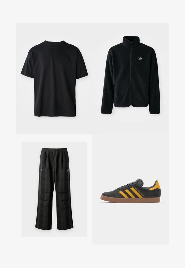 Must värviline fleecedee peasärk kõrge kraega, tõmblukuga esiosa ja esikotid. Omab tekstuuriga kangast ja väikest valget logo vasakul rinnal.; Must musta kaelusega T-särk, valmistatud puuvillast. Lühikesed varrukad, tavaline lõige, nähtamatud mustrid, minimalistik disain koos peene logo detailiga.; Mustas ruudulised püksid, millel on elastne vöökoht, kaks esimest taskut ja laiem lõige sirge jala disainiga. Valmistatud kergest materjalist.; Mustad sametist spordijalatsid kollaste aktsentidega, millel on kolm triipu ja pruun kummitald. Mugavuse tagamiseks on neil pehmendatud keele osa.