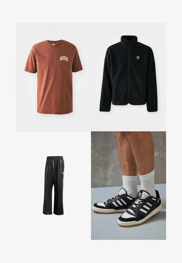 Čierna fleecová bunda s vysokým golierom, zipsom na prednej strane a prednými vreckami. Obsahuje textúrovanú tkaninu a malé biele logo na ľavej hrudi.; Hnedé bavlnené tričko s krátkymi rukávmi, na ktorom sa nachádza žlté logo "DICKIES" na ľavej strane hrudníka. Klasický dizajn s okrúhlym výstrihom.; Čierne syntetické teplákové nohavice s elastickým pásom, s bielymi bočnými pruhmi a malým bielym logom na ľavom boku.; Čierno-biele tenisky s vrchom z semišu a kože, s troma bielymi pruhmi, perforovanou špičkou a gumovou podrážkou.