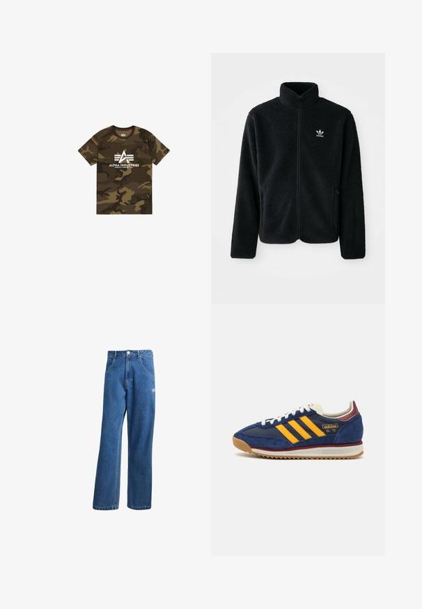 Casaco de fleece preto com gola alta, fecho de correr à frente e bolsos frontais. Apresenta um tecido texturizado e um pequeno logo branco no lado esquerdo do peito.; T-shirt com padrão camuflado em tons de verde e castanho, apresentando um logótipo branco "ALPHA INDUSTRIES". Feita de tecido macio, com mangas curtas.; Calças de ganga azul com cintura alta e perna larga, com bolsos frontais, passadores de cinto, fecho de botão e pequeno logótipo da Adidas na coxa direita.; Sneaker de camurça azul-marinho com riscas amarelas, atacadores brancos e realces em bordeaux. Sola texturizada com relevos para aderência. Logótipo da marca de lado.