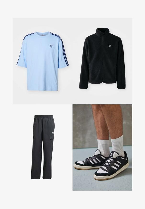 Juodas fliso džemperis su aukštu apykakle, užtrauktuku priekyje ir priekinėmis kišenėmis. Ypatybės: tekstūruota medžiaga ir mažas baltas logotipas kairėje krūtinės pusėje.; Šviesiai mėlynas medvilninis marškinėliai su trumpomis rankovėmis, su tamsiai mėlynomis juostelėmis ant pečių ir mažuoju juodu "adidas" logotipu ant krūtinės.; Juodų cargo kelnių su elastine juosta, dviem šoninėmis kišenėmis ir subtiliu logotipu kairėje šlaunyje. Pagaminta iš lengvos medžiagos.; Juodos ir baltos sportinės bateliai su zomšiniu ir odiniu viršumi, su trimis baltomis juostelėmis, perforuota koja ir guminėmis padais.