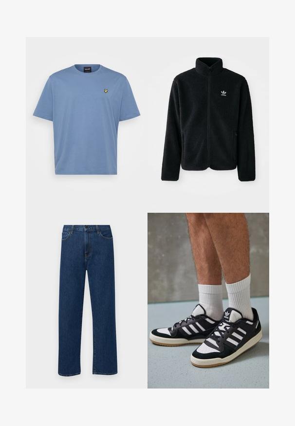 Casaco de fleece preto com gola alta, fecho de correr à frente e bolsos frontais. Apresenta um tecido texturizado e um pequeno logo branco no lado esquerdo do peito.; T-shirt de algodão azul claro com um corte clássico de gola redonda. Apresenta um pequeno logótipo bordado amarelo no lado esquerdo do peito. Mangas curtas, ajuste descontraído.; Calças de ganga de lavagem azul-escura com um design de perna reta, apresentando uma cintura alta, bolsos frontais e costuras amarelas em contraste.; Ténis em preto e branco com upper em camurça e couro, apresentando três riscas brancas, um toe perfurado e uma sola em borracha de goma.