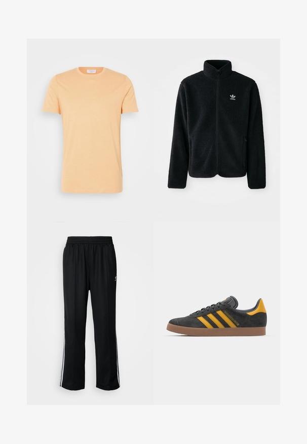 Casaco de fleece preto com gola alta, fecho de correr à frente e bolsos frontais. Apresenta um tecido texturizado e um pequeno logo branco no lado esquerdo do peito.; T-shirt de manga curta em pêssego claro, feito de tecido macio. Apresenta um decote redondo e um discreto texto "Arrivederci" na parte da frente.; Calças atléticas pretas com um cós elástico, apresentando riscas brancas laterais e um pequeno logótipo. O material parece macio e leve.; Tenis em camurça preta com detalhes amarelos, apresentando três riscas e uma sola de borracha castanha. Inclui uma língua acolchoada para maior conforto.