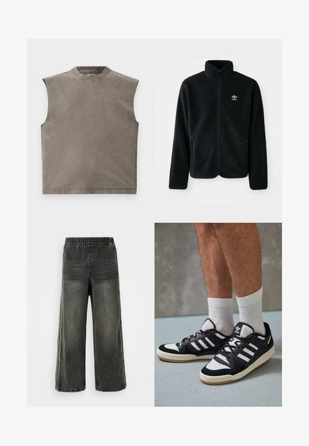 Svart fleecejakke med høy krage, glidelås foran og frontlommer. Har strukturert stoff og liten hvit logo på venstre bryst.; Ermeløs topp i en dempet gråfarge, med en myk tekstur, rund hals og rene linjer med sømkanter. Enkel design uten mønstre.; Svarte, vasket denimbukser med elastisk midje og vide ben, med subtile vertikale sømdetaljer på sidene.; Sorte og hvite sneakers med overdel i semsket skinn og lær, med tre hvite striper, perforert tå og en såle av gummi.