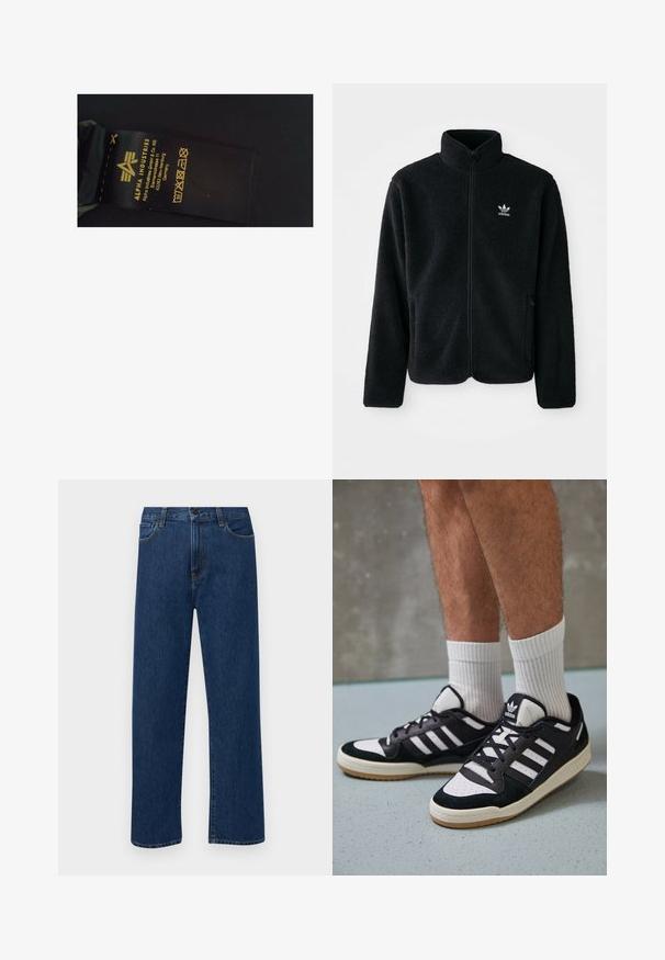 Zwarte fleece jacket met hoge kraag, ritssluiting aan de voorkant en voorzakken. Kenmerkt zich door textuurstof en een klein wit logo op de linkerborst.; Zwart stoffen waslabel met gele tekst met daarop de merknaam "Alpha Industries", wasinstructies en fabricagegegevens.; Donkerblauwe rechte denim jeans met frontzakken en een knoopsluiting, weergegeven op een effen witte achtergrond.; Zwart-witte sneakers met een bovenwerk van suede en leer, voorzien van drie witte strepen, een geperforeerde neus en een rubberen gumzool.