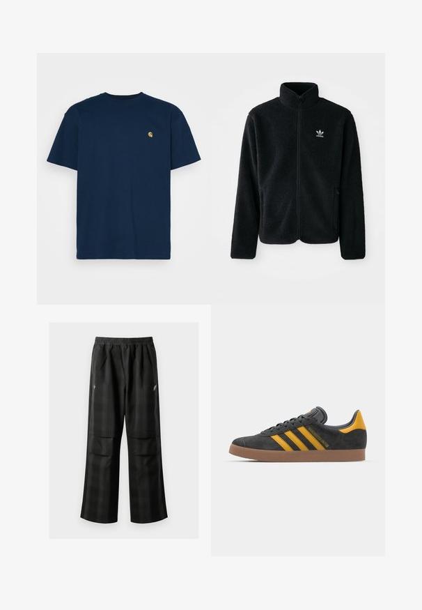 Black fleece jacket with high collar, zip front, and front pockets. Features textured fabric and small white logo on left chest.; Carhartt WIP CHASE - Basic T-shirt - mizar/gold; Black plaid pants featuring an elastic waistband, two front pockets, and a loose fit with a straight leg design. Made from lightweight material.; Black suede sneaker with yellow accents, featuring three stripes and a brown rubber sole. Includes a padded tongue for comfort.