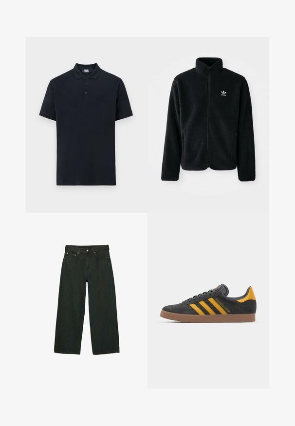 Fekete bolyhos dzseki magas gallérral, cipzáros elejével és elülső zsebeivel. Texturált anyaga és kis fehér logója van a bal mellen.; Tengerészkék pólóing, pamutból készült, klasszikus gallérral, három gombbal és hímzett logóval a bal mellrészen. Rövid ujjak, sima textúra.; Sötétzöld, széles szárú farmernadrág; elöl gombbal és cipzárral záródik, öt zsebe van, és finom textúra-változatokkal rendelkezik.; Fekete velúrbőr sportcipő sárga díszítéssel, három csíkkal és barna gumitalppal. Párnázott nyelvével a kényelem érdekében.