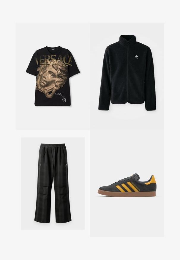 Černá fleecová bunda s vysokým límcem, předním zipem a předními kapsami. Disponuje strukturovanou tkaninou a malým bílým logem na levé hrudi.; Černé bavlněné tričko s výrazným zlatým potiskem hlavy, velkým nápisem "VERSACE" a sloganem "PŘÍLIŠ MNOHO NIKDY NESTAČÍ". Krátké rukávy.; Černé kostkované kalhoty s elastickým pasem, dvěma předními kapsami a volným střihem se rovnými nohavicemi. Vyrobeny z lehkého materiálu.; Černé semišové tenisky se žlutými akcenty, vybavené třemi pruhy a hnědou gumovou podrážkou. Obsahují polstrovaný jazyk pro pohodlí.