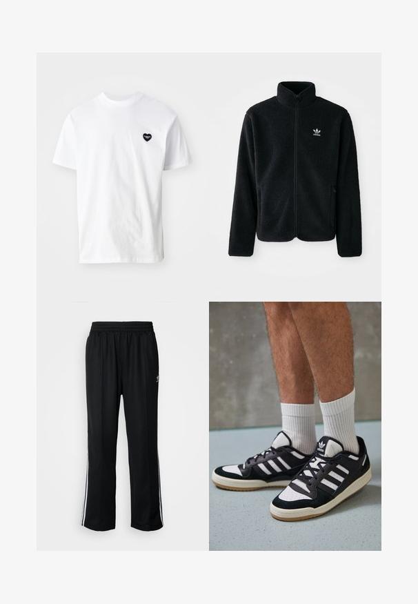Zwarte fleece jacket met hoge kraag, ritssluiting aan de voorkant en voorzakken. Kenmerkt zich door textuurstof en een klein wit logo op de linkerborst.; Witte katoenen t-shirt met korte mouwen, met een klein zwart hartvormig logo op de linker borst. Klassiek ronde hals ontwerp.; Zwarte sportbroeken met een elastische tailleband, voorzien van witte zijkanten en een klein logo. Het materiaal lijkt zacht en lichtgewicht te zijn.; Zwart-witte sneakers met een bovenwerk van suede en leer, voorzien van drie witte strepen, een geperforeerde neus en een rubberen gumzool.