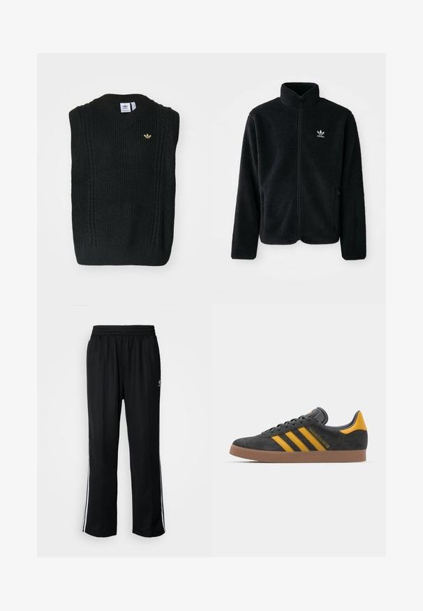 Giacca in pile nera con colletto alto, chiusura zip frontale e tasche anteriori. Presenta un tessuto testurizzato e un piccolo logo bianco sul lato sinistro del petto.; adidas Originals Top - black; Pantaloni da allenamento neri con elastico in vita, dotati di bande laterali bianche e un piccolo logo. Il materiale sembra morbido e leggero.; Sneaker in suede nero con dettagli gialli, dotato di tre strisce e una suola in gomma marrone. Include una linguetta imbottita per il comfort.