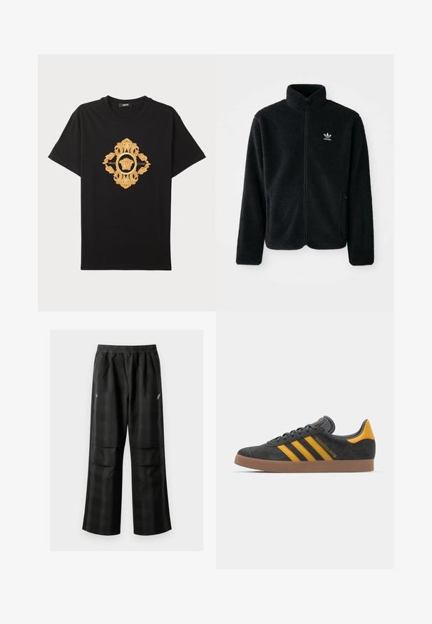 Černá fleecová bunda s vysokým límcem, předním zipem a předními kapsami. Disponuje strukturovanou tkaninou a malým bílým logem na levé hrudi.; Černé bavlněné tričko s bohatě vyšívaným zlatým vzorem, který má centrální emblém Medusy a složité detaily. Krátké rukávy, kulatý výstřih.; Černé kostkované kalhoty s elastickým pasem, dvěma předními kapsami a volným střihem se rovnými nohavicemi. Vyrobeny z lehkého materiálu.; Černé semišové tenisky se žlutými akcenty, vybavené třemi pruhy a hnědou gumovou podrážkou. Obsahují polstrovaný jazyk pro pohodlí.