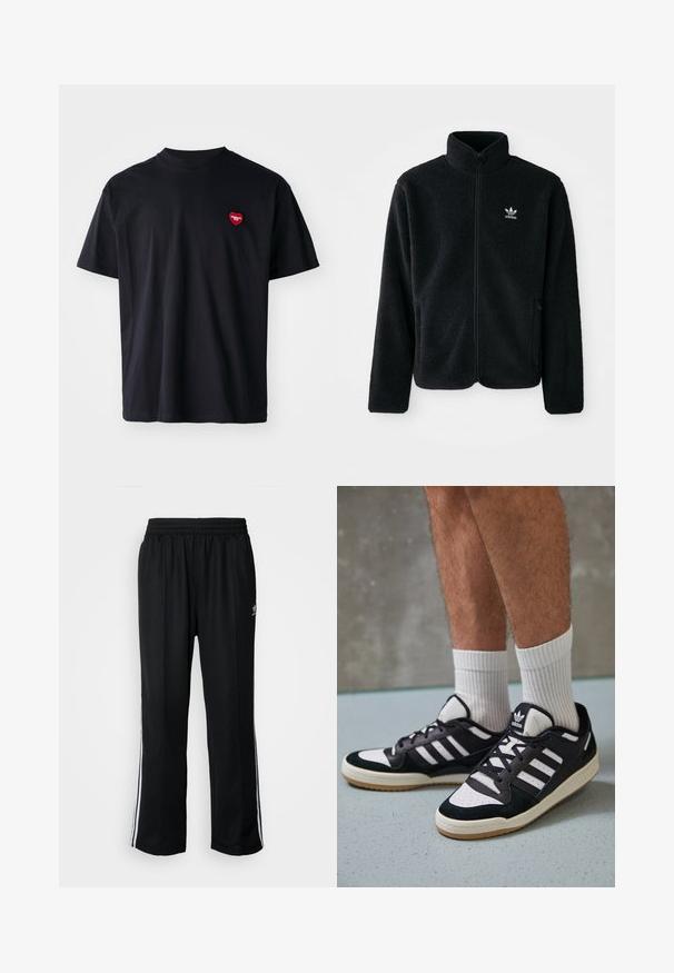 Black fleece jacket with high collar, zip front, and front pockets. Features textured fabric and small white logo on left chest.; Black cotton T-shirt with a round neck and short sleeves. Features a small red heart logo on the left chest area.; Black athletic pants with an elastic waistband, featuring white side stripes and a small logo. Material appears soft and lightweight.; Black and white sneakers with a suede and leather upper, featuring three white stripes, a perforated toe, and a gum rubber sole.