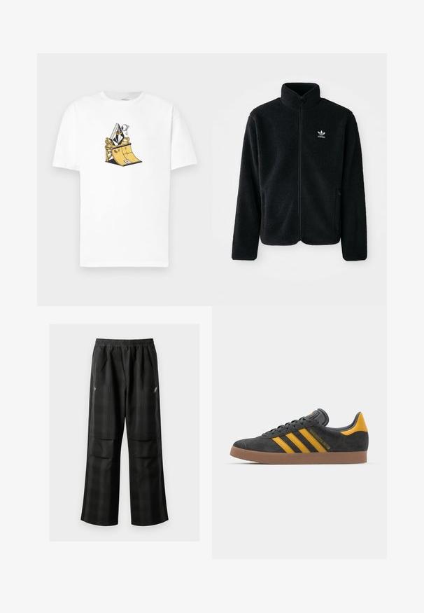 Must värviline fleecedee peasärk kõrge kraega, tõmblukuga esiosa ja esikotid. Omab tekstuuriga kangast ja väikest valget logo vasakul rinnal.; Valge puuvillane t-särk, millel on graafiline joonistus skaatrampist, kus on kostüümis tegelane, mustade ja kollaste detailidega.; Mustas ruudulised püksid, millel on elastne vöökoht, kaks esimest taskut ja laiem lõige sirge jala disainiga. Valmistatud kergest materjalist.; Mustad sametist spordijalatsid kollaste aktsentidega, millel on kolm triipu ja pruun kummitald. Mugavuse tagamiseks on neil pehmendatud keele osa.