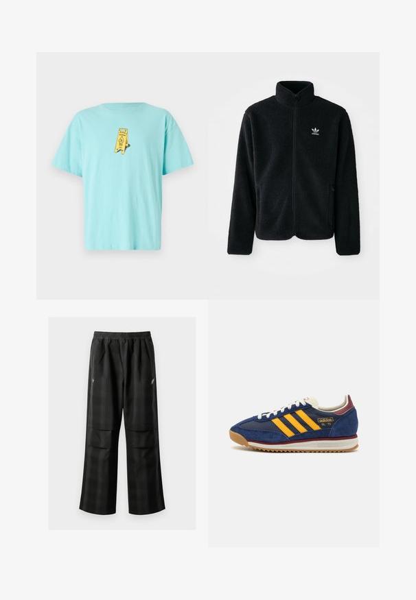 Schwarze Fleecejacke mit hohem Kragen, durchgehendem Reißverschluss und Fronttaschen. Verfügt über strukturiertes Material und ein kleines weißes Logo auf der linken Brust.; Helles blaues Baumwoll-T-Shirt mit einem gelben "Vorsicht"-Schild-Design auf der Vorderseite. Lockerer Schnitt mit kurzen Ärmeln und rundem Ausschnitt.; Schwarze karierte Hosen mit elastischem Bund, zwei Fronttaschen und lockerer Passform im geraden Beinschnitt. Hergestellt aus leichtem Material.; Marineblaues Wildleder-Sneaker mit gelben Streifen, weißen Schnürsenkeln und burgunderfarbenen Akzenten. Texturierte Sohle mit Rillen für besseren Grip. Markenlogo an der Seite.