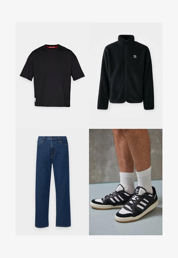 Černá fleecová bunda s vysokým límcem, předním zipem a předními kapsami. Disponuje strukturovanou tkaninou a malým bílým logem na levé hrudi.; Černé bavlněné tričko s kulatým výstřihem, krátkými rukávy a štítkem na dolním lemu. Materiál je hladký a lehký.; Tmavě modré džíny s rovnými nohavicemi, předními kapsami a zapínáním na knoflík, vystavené na jednoduchém bílém pozadí.; Černobílé tenisky s vrchní částí z semišové a kožené kůže, včetně tří bílých pruhů, perforovaného špičky a podrážky z gumy.