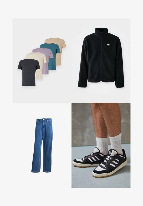 Must värviline fleecedee peasärk kõrge kraega, tõmblukuga esiosa ja esikotid. Omab tekstuuriga kangast ja väikest valget logo vasakul rinnal.; Viis lühikeste varrukatega T-särki tumehallis, kreemjas, lavendlis, teal-sinises ja beežis. Valmistatud pehmest kangast, ümar kaelus ja standardne lõige.; Sinine kõrge vöökohaga avar jakkidega teksapükse, millel on ees taskud, vöökoharingid, nupuga sulgemine ja väike Adidas'i logo paremal reiel.; Mustvalged ja valged spordijalatsid, mille pealmine osa on valmistatud suede'ist ja nahast. Kingadel on kolm valget riba, auguline varvas ja kummist tald.