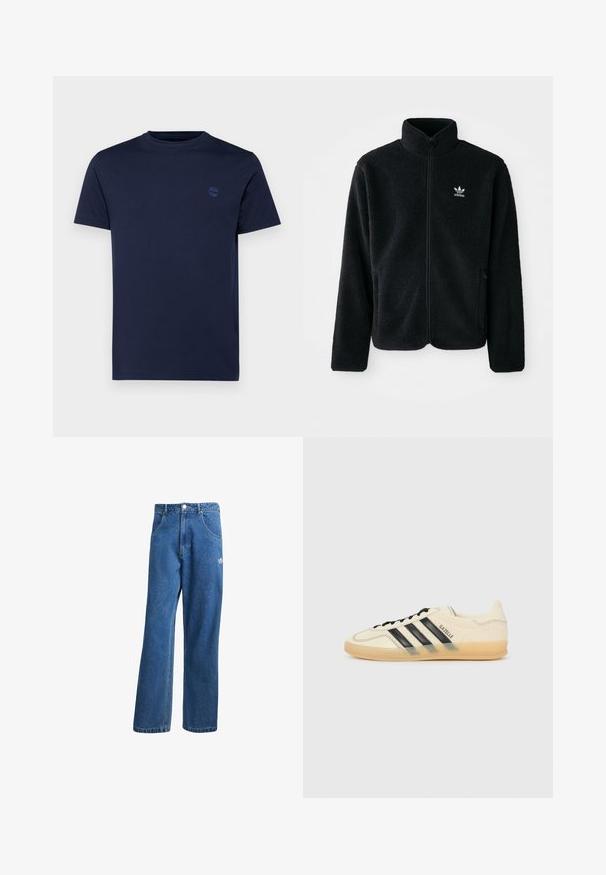 Juodas fliso džemperis su aukštu apykakle, užtrauktuku priekyje ir priekinėmis kišenėmis. Ypatybės: tekstūruota medžiaga ir mažas baltas logotipas kairėje krūtinės pusėje.; Tamsiai mėlynas medvilnės marškinėliai su apvalia iškirpte, trumpomis rankovėmis ir mažuoju siuvinėtu logotipu ant krūtinės. Lygi tekstūra, reguliaraus fasono.; Mėlynos aukštu liemeniu plačios džinsinės kelnės su priekinėmis kišenėmis, diržo kilpos, sagčių uždarymu ir mažu Adidas logotipu dešinėje šlaunyje.; Šviesiai kreminiai sportbačiai su juodu trikampiu dizainu, tekstūruota viršutinė dalis, apvalus pirštas ir guminiu padu. Yra raišteliai ir ženklas šone.