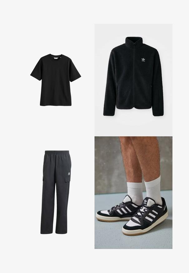 Sort fleecejakke med høj krave, lynlås foran og frontlommer. Har tekstureret stof og lille hvidt logo på venstre bryst.; Sort bomulds T-shirt med korte ærmer, rund halsudskæring og en afslappet pasform. Glat tekstur, ingen synlige mønstre eller accenter.; Sorte cargo-bukser med elastisk talje, to sidelommer og et diskret logo på venstre lår. Fremstillet af et let materiale.; Sorte og hvide sneakers med en overdel i ruskind og læder, der har tre hvide striber, en perforeret tå og en sål i gummigummi.
