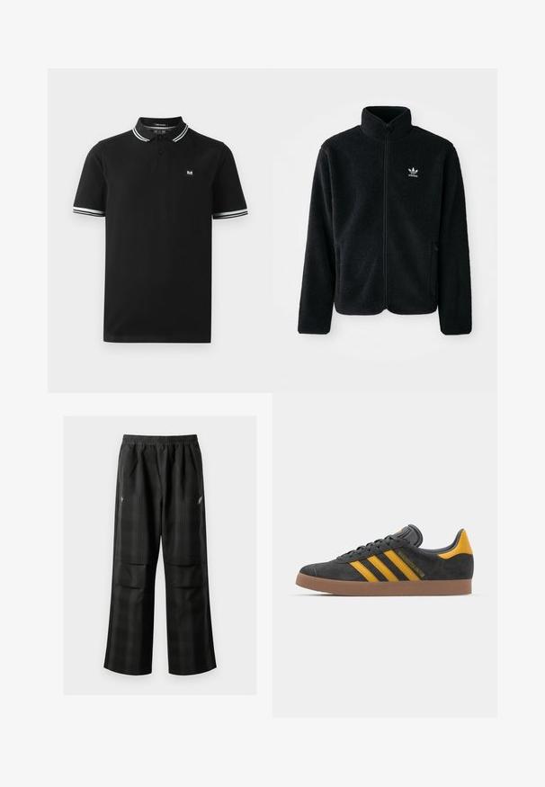 Juodas fliso džemperis su aukštu apykakle, užtrauktuku priekyje ir priekinėmis kišenėmis. Ypatybės: tekstūruota medžiaga ir mažas baltas logotipas kairėje krūtinės pusėje.; Juodas polo marškinėlis, pagamintas iš medvilnės, su dviem mygtukais, balta ir pilka juostele apykaklėje ir rankovių kraštuose, ir maža logotipo etikete ant krūtinės.; Juodos languotos kelnės su elastingu juosmeniu, dviem priekinėmis kišenėmis ir laisvu tiesiu kirpimu. Pagamintos iš lengvos medžiagos.; Juodas zomšinės sportbačiai su geltonais akcentais, turintys tris juosteles ir rudą gumos padą. Apima paminkštintą liežuvėlį patogumui.