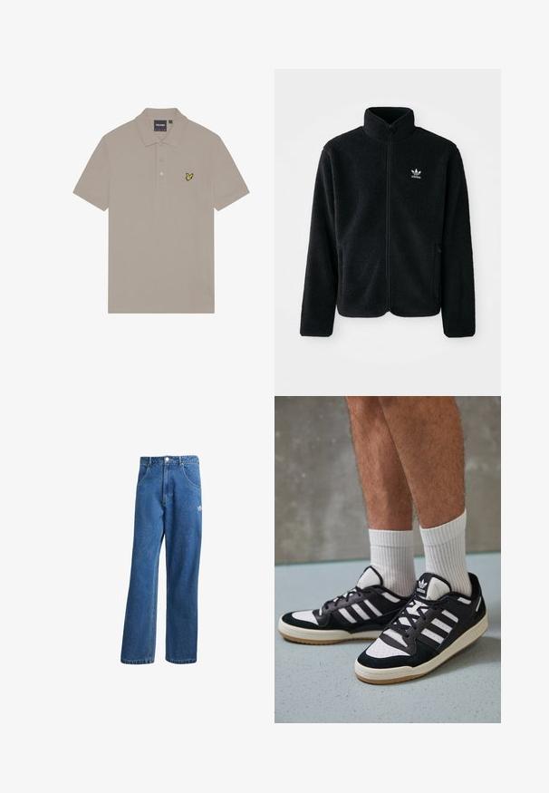 Černá fleecová bunda s vysokým límcem, předním zipem a předními kapsami. Disponuje strukturovanou tkaninou a malým bílým logem na levé hrudi.; beige polo tričko vyrobené z bavlny, s tříknoflíkovým zapínáním a malým žlutým vyšitým logem ptáčka na levé hrudi.; Modré vysoké široké džíny s vysokým pasem, předními kapsami, poutky na opasek, knoflíkovým zapínáním a malým logem Adidas na pravém stehně.; Černobílé tenisky s vrchní částí z semišové a kožené kůže, včetně tří bílých pruhů, perforovaného špičky a podrážky z gumy.