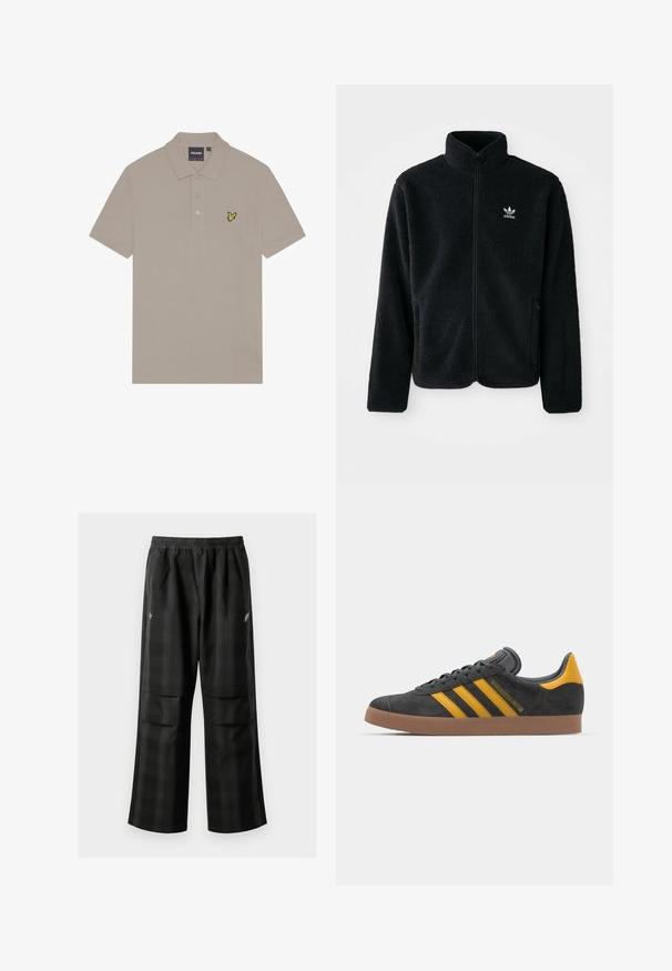 Jachetă din fleece neagră cu guler înalt, fermoar pe față și buzunare frontale. Caracteristici ale materialului texturat și un mic logo alb pe pieptul stâng.; Polo bej din bumbac, cu un guler cu trei nasturi și un mic logo brodat cu o pasăre galbenă pe pieptul stâng.; Pantaloni cu un model carourile negre, având talie elastică, două buzunare frontale și un croi lejer cu picioare drepte. Construiți dintr-un material ușor.; Tenisi negri din suede cu accente galbene, având trei dungi și o talpă din cauciuc maroniu. Include un limba căptușită pentru confort.