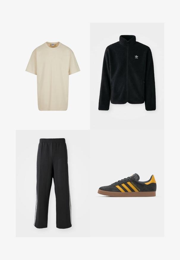 Svart fleecejacka med hög krage, blixtlås fram och framfickor. Har strukturtyg och en liten vit logotyp på vänster bröst.; Beige bomulls t-shirt med rund hals, korta ärmar och en avslappnad passform. Har en enfärgad design utan mönster eller detaljer.; Svarta sweatpants med resår i midjan, med vita sidoränder och en avslappnad passform. Tillverkade av mjukt, stretchigt tyg.; Svart mockaskor med gula accenter, med tre ränder och en brun gummisula. Inkluderar en vadderad tunga för extra komfort.