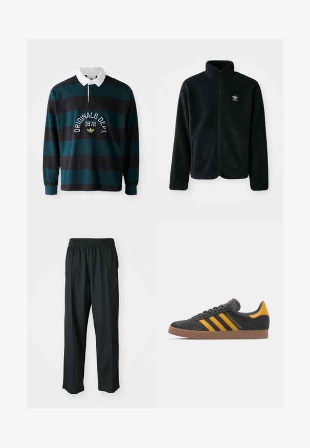 Casaco de fleece preto com gola alta, fecho de correr à frente e bolsos frontais. Apresenta um tecido texturizado e um pequeno logo branco no lado esquerdo do peito.; Camisa de rugby de mangas longas em verde escuro com riscas pretas. Possui colarinho branco e logótipo bordado com "ORIGINALS DEPT. 1972."; Calças atléticas pretas com um cós elástico, feitas de tecido suave, com costuras laterais discretas e um ajuste descontraído, design de perna reta.; Tenis em camurça preta com detalhes amarelos, apresentando três riscas e uma sola de borracha castanha. Inclui uma língua acolchoada para maior conforto.