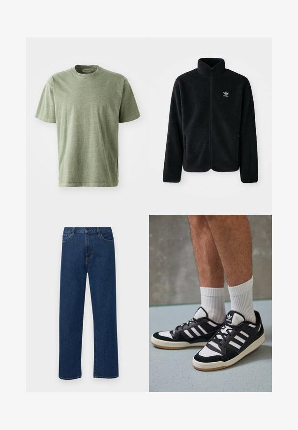 Juodas fliso džemperis su aukštu apykakle, užtrauktuku priekyje ir priekinėmis kišenėmis. Ypatybės: tekstūruota medžiaga ir mažas baltas logotipas kairėje krūtinės pusėje.; Olive žalio medvilnės marškinėliai su trumpomis rankovėmis, apvaliu iškirpimu ir subtilia tekstūra. Turime mažą logotipo etiketę šone.; Tamsiai mėlynos tiesaus žandikaulio džinsai su priekinėmis kišenėmis ir mygtuko uždarymu, rodantys ant paprasto balto fono.; Juodos ir baltos sportinės bateliai su zomšiniu ir odiniu viršumi, su trimis baltomis juostelėmis, perforuota koja ir guminėmis padais.