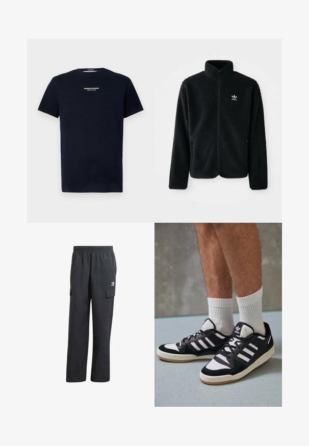 Chupa de forro polar negro con cuello alto, cierre frontal y bolsillos delanteros. Presenta tela texturizada y un pequeño logo blanco en el lado izquierdo del pecho.; Camiseta de algodón de color azul marino con mangas cortas y cuello redondo. En el frente se muestra el texto blanco "WEEKEND OFFENDER ADMIT NOTHING."; Pantalones cargo negros con una cinturilla elástica, dos bolsillos laterales y un logo sutil en el muslo izquierdo. Fabricados con una tela ligera.; Zapatillas en blanco y negro con parte superior de ante y cuero, que presentan tres franjas blancas, una puntera perforada y una suela de goma.