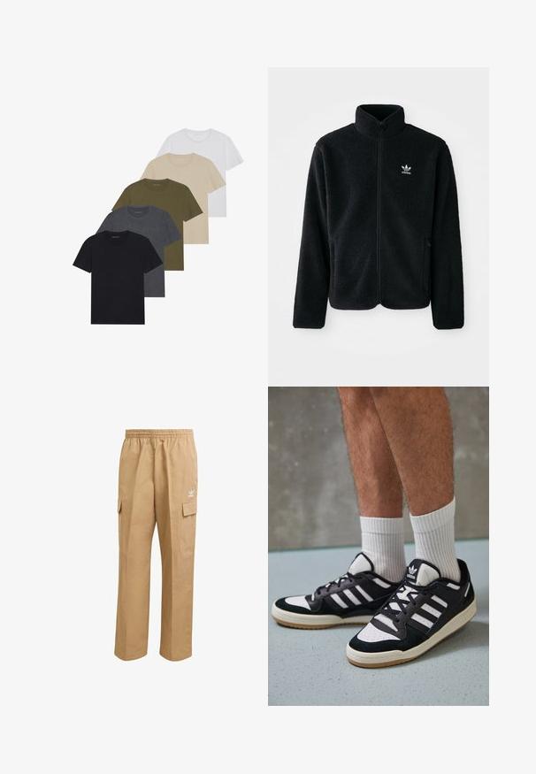 Sort fleecejakke med høj krave, lynlås foran og frontlommer. Har tekstureret stof og lille hvidt logo på venstre bryst.; Fem crew-neck t-shirts arrangeret i en gradient: sort, mørk grå, oliven grøn, beige og hvid. Lavet af blødt, åndbart stof.; Lysebrune cargo-bukser med elastisk talje, to sidelommer og et lille hvidt logo på øverste venstre lår. Glat tekstur.; Sorte og hvide sneakers med en overdel i ruskind og læder, der har tre hvide striber, en perforeret tå og en sål i gummigummi.