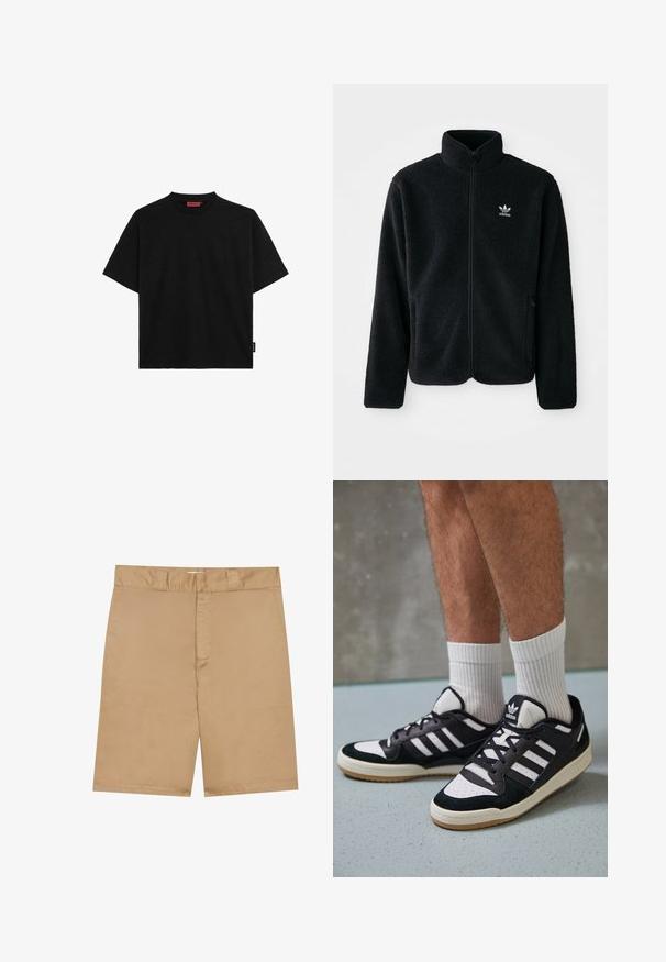 Jachetă din fleece neagră cu guler înalt, fermoar pe față și buzunare frontale. Caracteristici ale materialului texturat și un mic logo alb pe pieptul stâng.; Tricou negru cu mânecă scurtă din bumbac, având guler rotund și o etichetă mică pe lateral. Textură netedă și croială dreaptă.; Shorts khaki cu un talie plată, fermoar frontal și buzunare laterale; fabricate dintr-un material neted, ușor, cu o textură subtilă.; Adidași negri și albi cu un superior din suede și piele, prevăzuți cu trei dungi albe, un vârf perforat și o talpă din cauciuc caramel.