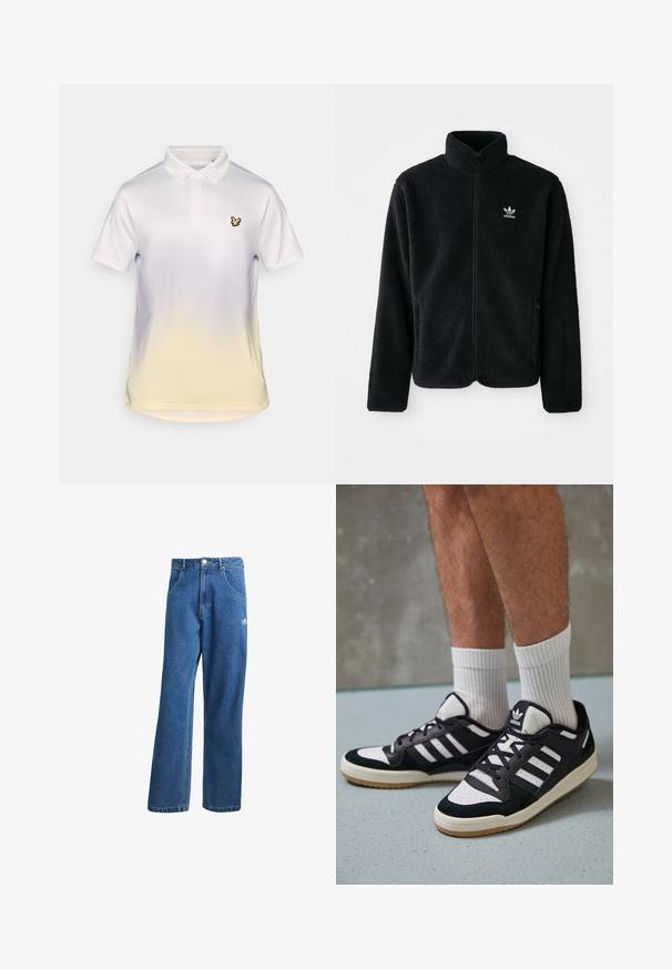 Svart fleecejakke med høy krage, glidelås foran og frontlommer. Har strukturert stoff og liten hvit logo på venstre bryst.; Hvit polo skjorte med en gul gradient nederst, en klassisk krage, og en liten svart fuglelogo på venstre bryst.; Blå høyhalsede vide denimjeans med frontlommer, belteholdere, knappelukking og liten Adidas-logo på høyre lår.; Sorte og hvite sneakers med overdel i semsket skinn og lær, med tre hvite striper, perforert tå og en såle av gummi.