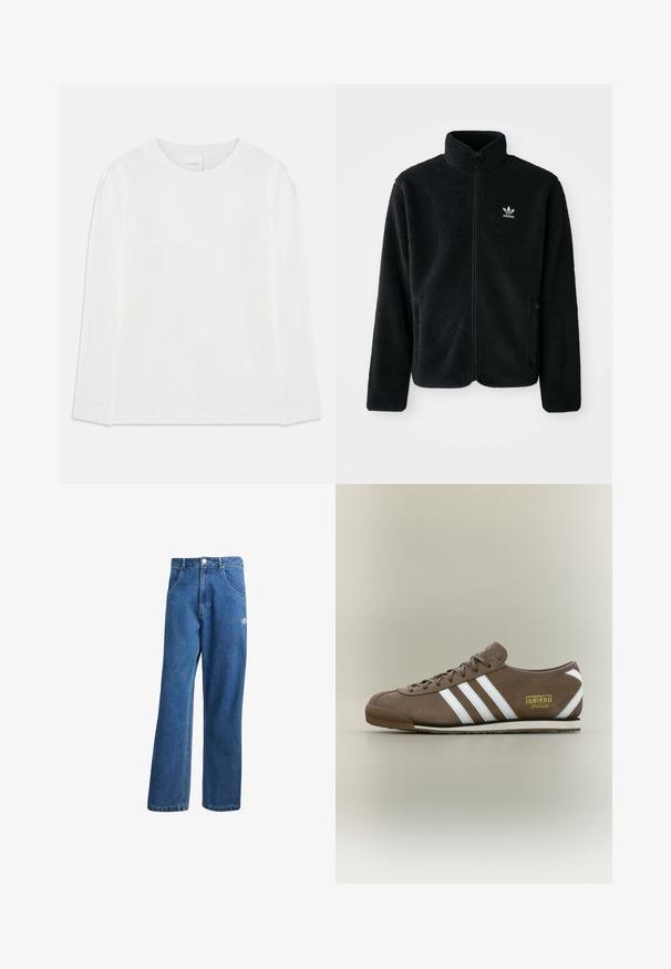 Črna flis jakna z visokim ovratnikom, z zadrgo spredaj in sprednjimi žepi. Ima strukturno blago in majhno belo logo na levi strani prsnega koša.; Enostavna bela majica z dolgimi rokavi in okroglo vratno odprtino, z oznako "CLOSED" na ovratniku, ležijoč poravnano na belem ozadju.; Modre visoko pasu široke denim kavbojke z sprednjimi žepi, zankami za pas, gumbom za zapiranje in majhnim logotipom Adidas na desni stegno.; Rjav semiš športni copat s tremi belimi črtami, ravnim gumijastim podplatom, okroglim sprednjim delom in zlatim logotipom "adidas Italia" na strani.