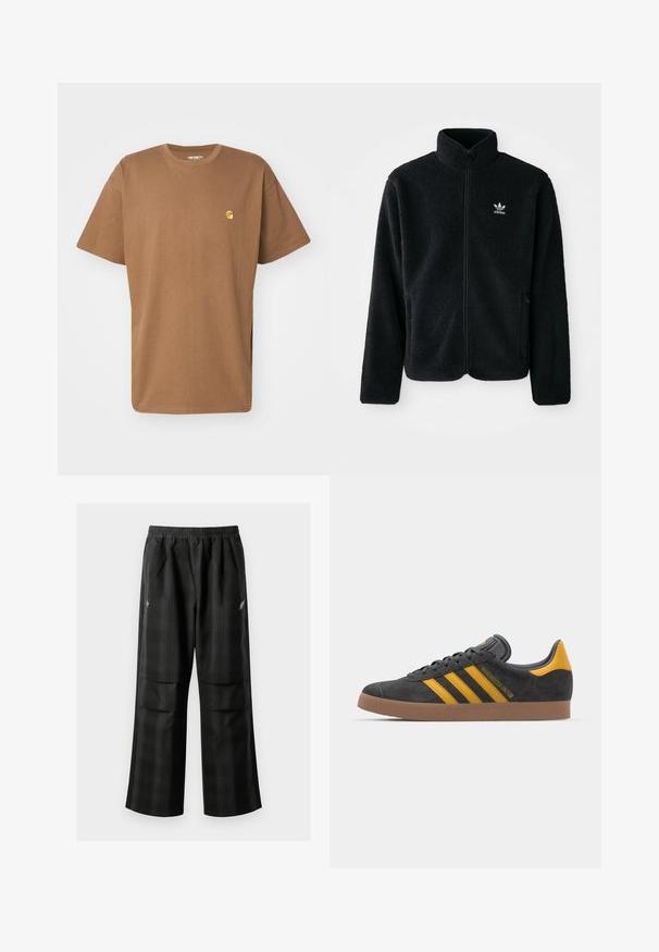 Black fleece jacket with high collar, zip front, and front pockets. Features textured fabric and small white logo on left chest.; Carhartt WIP CHASE - Basic T-shirt - chocolate/gold; Black plaid pants featuring an elastic waistband, two front pockets, and a loose fit with a straight leg design. Made from lightweight material.; Black suede sneaker with yellow accents, featuring three stripes and a brown rubber sole. Includes a padded tongue for comfort.