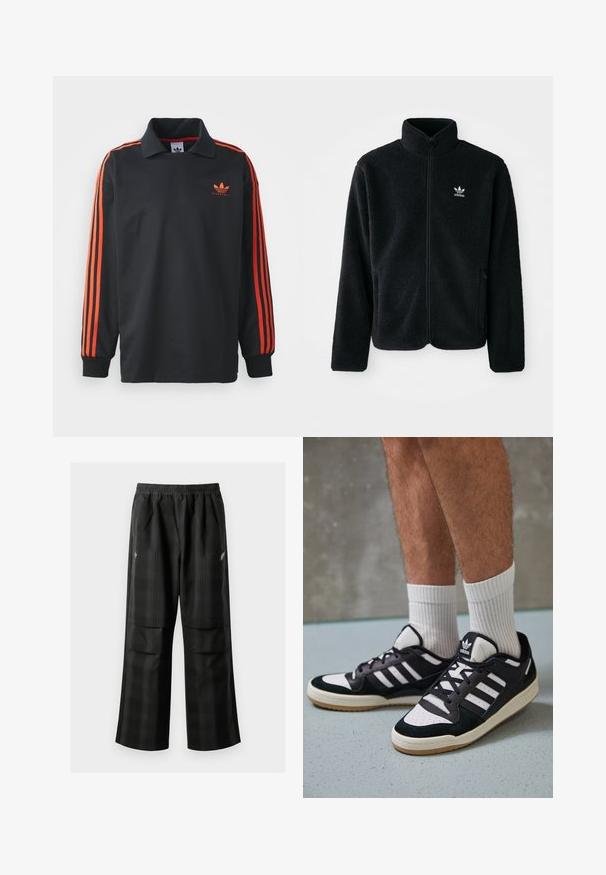 Svart fleecejakke med høy krage, glidelås foran og frontlommer. Har strukturert stoff og liten hvit logo på venstre bryst.; Svart langermet polo med krage, med røde striper på ermene og en liten rød logo på brystet. Glatt stoffstruktur.; Svarte rutete bukser med elastisk midje, to frontlommer og løs passform med rett ben-design. Laget av lett materiale.; Sorte og hvite sneakers med overdel i semsket skinn og lær, med tre hvite striper, perforert tå og en såle av gummi.