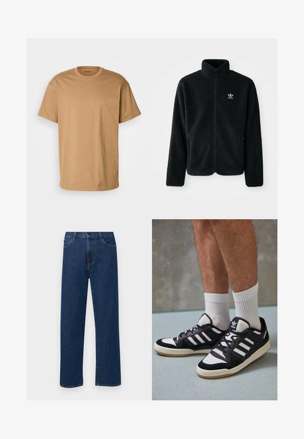 Črna flis jakna z visokim ovratnikom, z zadrgo spredaj in sprednjimi žepi. Ima strukturno blago in majhno belo logo na levi strani prsnega koša.; Carhartt WIP CHASE - Navadna majica - peanut/gold; Temno modri jeans ravne krojenje z naprsnimi žepi in gumbom za zapiranje, prikazani na enostavni beli podlagi.; Črno-bele superge z zgornjim delom iz usnja in nubuka, ki imajo tri bele črte, perforiran vrh prstov in podplat iz gume.