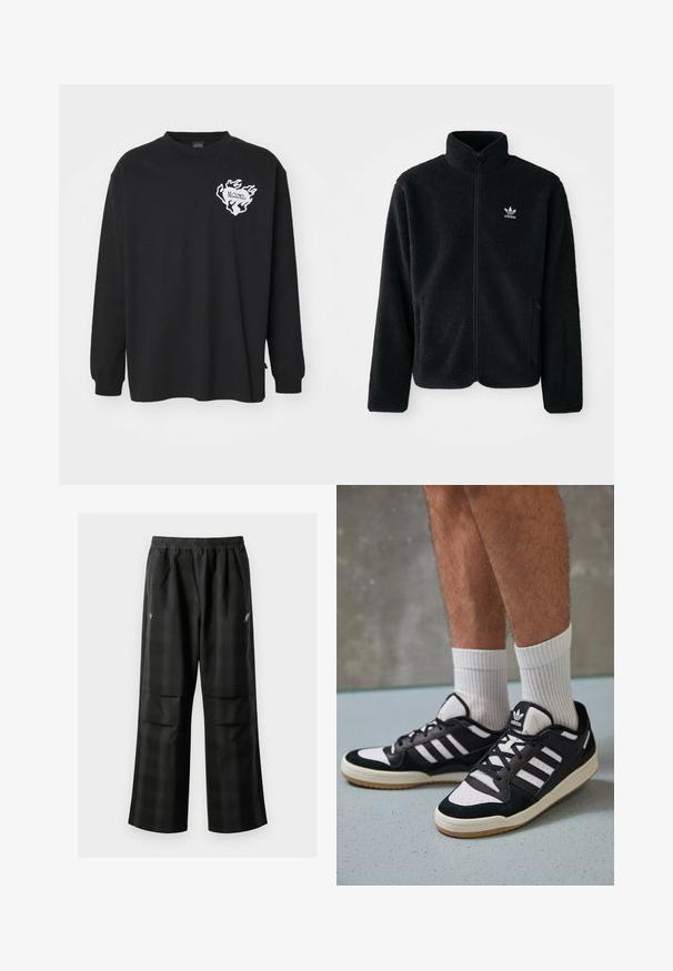 Fekete bolyhos dzseki magas gallérral, cipzáros elejével és elülső zsebeivel. Texturált anyaga és kis fehér logója van a bal mellen.; Fekete, hosszú ujjú pamut póló, bal mellen fehér lángmintás logóval és kerek nyakkivágással.; Fekete kockás nadrág, rugalmas derékkal, két elülső zsebbel és laza, egyenes szárú fazonnal. Könnyű anyagból készült.; Fekete-fehér tornacipők velúr és bőr felsőrésszel, három fehér csíkkal, perforált orral és gumi talppal.