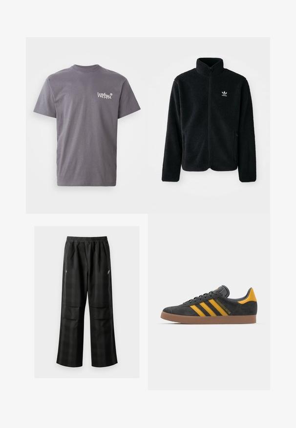 Μαύρο φλις μπουφάν με ψηλό γιακά, μπροστινό φερμουάρ και μπροστινές τσέπες. Διαθέτει υφασμάτινη υφή και μικρό λευκό λογότυπο στο αριστερό στήθος.; Γκρι βαμβακερό μπλουζάκι με στρογγυλή λαιμόκοψη και κοντά μανίκια, με το λευκό λογότυπο "Witopia" εκτυπωμένο στην αριστερή πλευρά του στήθους.; Μαύρο καρό παντελόνι με ελαστική μέση, δύο μπροστινές τσέπες και χαλαρή εφαρμογή με ευθεία γραμμή. Φτιαγμένο από ελαφρύ υλικό.; Μαύρο σουέτ αθλητικό παπούτσι με κίτρινες λεπτομέρειες, διαθέτει τρεις ρίγες και καφέ λάστιχο σόλα. Περιλαμβάνει επενδυμένη γλώσσα για άνεση.