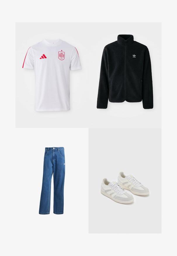 Čierna fleecová bunda s vysokým golierom, zipsom na prednej strane a prednými vreckami. Obsahuje textúrovanú tkaninu a malé biele logo na ľavej hrudi.; Biela futbalová dres Adidas s červenými akcentmi, má okrúhly výstrih, krátke rukávy a logo španielskej národnej tímu na hrudi.; Modré riflové nohavice s vysokým pásom a širokým strihom, s prednými vreckami, pútkami na opasok, zapínaním na gombík a malým logom Adidas na pravej stehne.; Biele tenisky s svetlo šedými semišovými akcentmi a pruhmi, s textúrovaným textilným zvrškom, plochými šnúrkami a gumovou podrážkou.