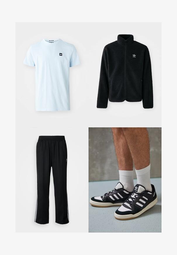 Sort fleecejakke med høj krave, lynlås foran og frontlommer. Har tekstureret stof og lille hvidt logo på venstre bryst.; Lyseblå bomulds-T-shirt med rund halsudskæring og korte ærmer. Har et lille sort firkantet logo på venstre brystområde.; Sorte træningsbukser med elastisk talje, der har hvide sidestænger og et lille logo. Materialet ser blødt og let ud.; Sorte og hvide sneakers med en overdel i ruskind og læder, der har tre hvide striber, en perforeret tå og en sål i gummigummi.