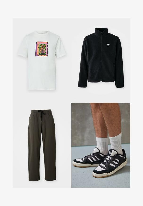 Veste en polaire noire avec col haut, fermeture éclair à l'avant et poches перед тобой. Présente un tissu texturé et un petit logo blanc sur la poitrine gauche.; T-shirt en coton blanc présentant un graphique coloré en forme de carré avec un design de grenouille et du texte, sur un fond géométrique avec des bords accentués.; Pantalon léger de couleur vert foncé en tissu doux. Il possède une taille élastique avec un cordon de serrage ajustable et deux poches latérales.; Baskets noir et blanc avec une tige en suède et cuir, comportant trois rayures blanches, un bout perforé et une semelle en caoutchouc gum.