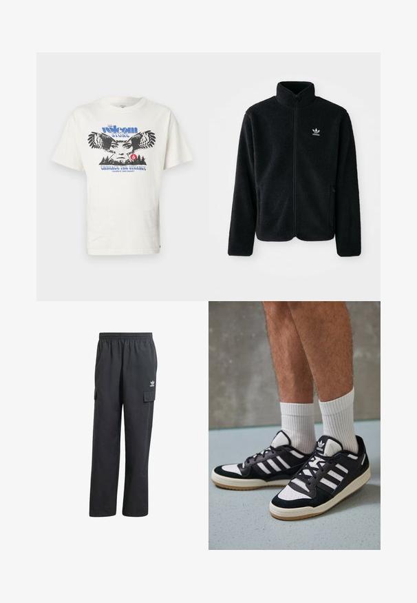 Black fleece jacket with high collar, zip front, and front pockets. Features textured fabric and small white logo on left chest.; White cotton t-shirt featuring a front graphic with an owl, text "The Volcom Stone" in blue, and "Embrace the Strange" in blue below.; Black cargo pants with an elastic waistband, two side pockets, and a subtle logo on the left thigh. Made from a lightweight fabric.; Black and white sneakers with a suede and leather upper, featuring three white stripes, a perforated toe, and a gum rubber sole.