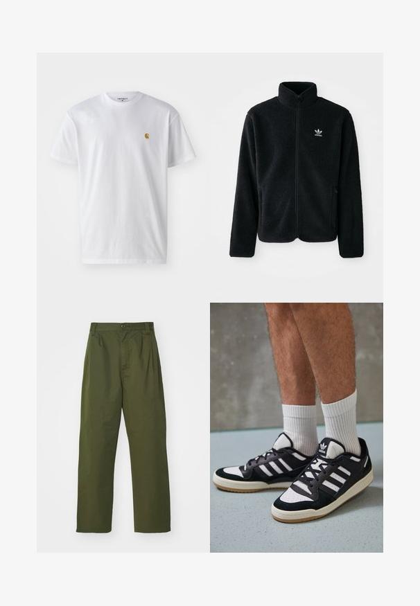 Casaco de fleece preto com gola alta, fecho de correr à frente e bolsos frontais. Apresenta um tecido texturizado e um pequeno logo branco no lado esquerdo do peito.; T-shirt branca de algodão com mangas curtas, decote redondo, apresentando um pequeno logótipo dourado na área do peito esquerdo. Textura macia e ajuste regular.; Calças verde oliva de cintura alta com um design de perna reta. Feitas de um tecido leve, com pregas frontais e fecho de botão.; Ténis em preto e branco com upper em camurça e couro, apresentando três riscas brancas, um toe perfurado e uma sola em borracha de goma.