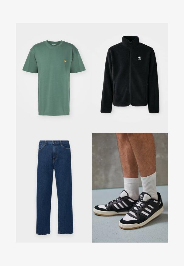 Zwarte fleece jacket met hoge kraag, ritssluiting aan de voorkant en voorzakken. Kenmerkt zich door textuurstof en een klein wit logo op de linkerborst.; Carhartt WIP CHASE - T-shirt basic - duck green/gold; Donkerblauwe rechte denim jeans met frontzakken en een knoopsluiting, weergegeven op een effen witte achtergrond.; Zwart-witte sneakers met een bovenwerk van suede en leer, voorzien van drie witte strepen, een geperforeerde neus en een rubberen gumzool.