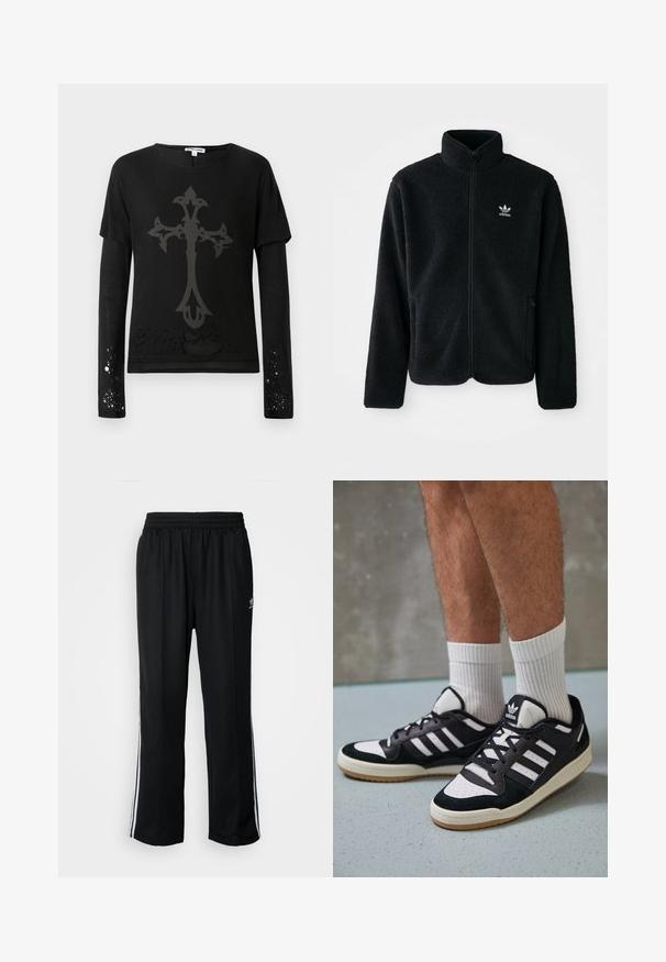 Černá fleecová bunda s vysokým límcem, předním zipem a předními kapsami. Disponuje strukturovanou tkaninou a malým bílým logem na levé hrudi.; Černá dlouhá rukávová košile s krátkým rukávem, zdobená velkým šedým křížem a opotřebovanými detaily blízko spodního lemu a rukávů.; Černé sportovní kalhoty s elastickým pasem, s bílými bočními pruhy a malým logem. Materiál vypadá měkce a lehce.; Černobílé tenisky s vrchní částí z semišové a kožené kůže, včetně tří bílých pruhů, perforovaného špičky a podrážky z gumy.